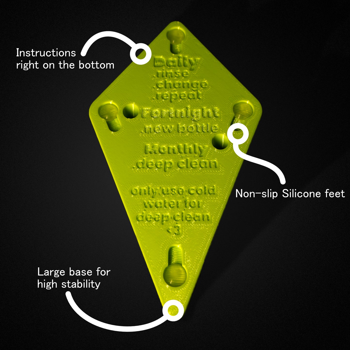 Green base of the water feeder organizer stand, which features engraved care and usage instructions along with anti-slip silicone feet. 