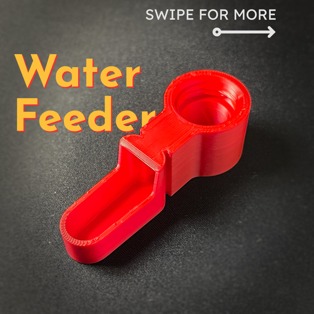 Red water feeder on a dark background with text 'Swipe for More' and 'Water Feeder'.